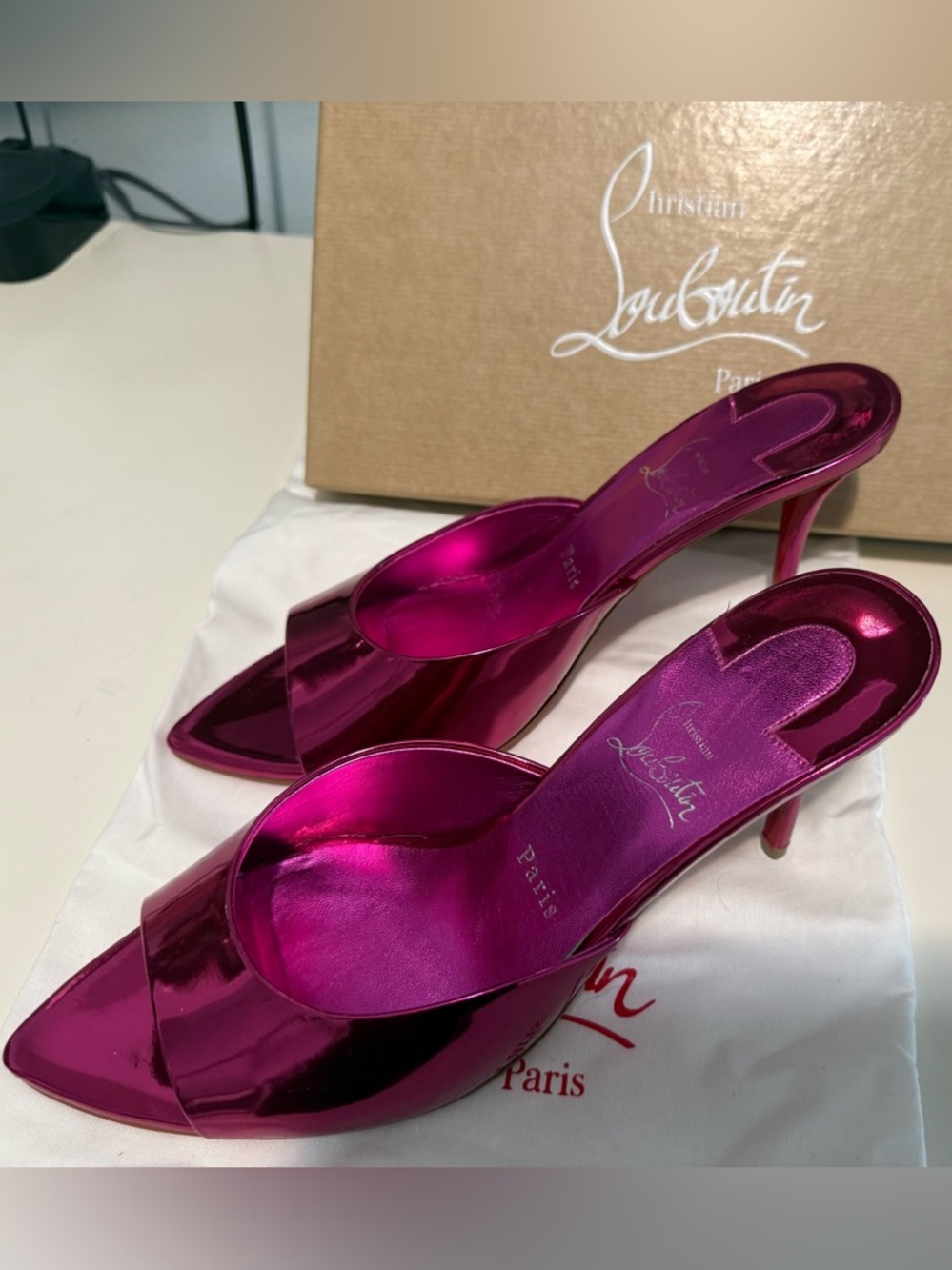 Christian Louboutin Pink Metallic Mule Heels Red Sole Size 39.5 - Picture 4 of 5